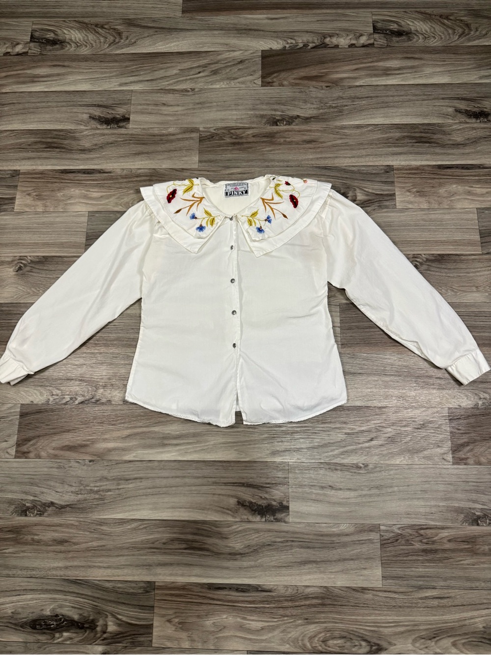 Vintage Embroidered Floral Statement Collar Blouse White 100% Cotton Cottagecore